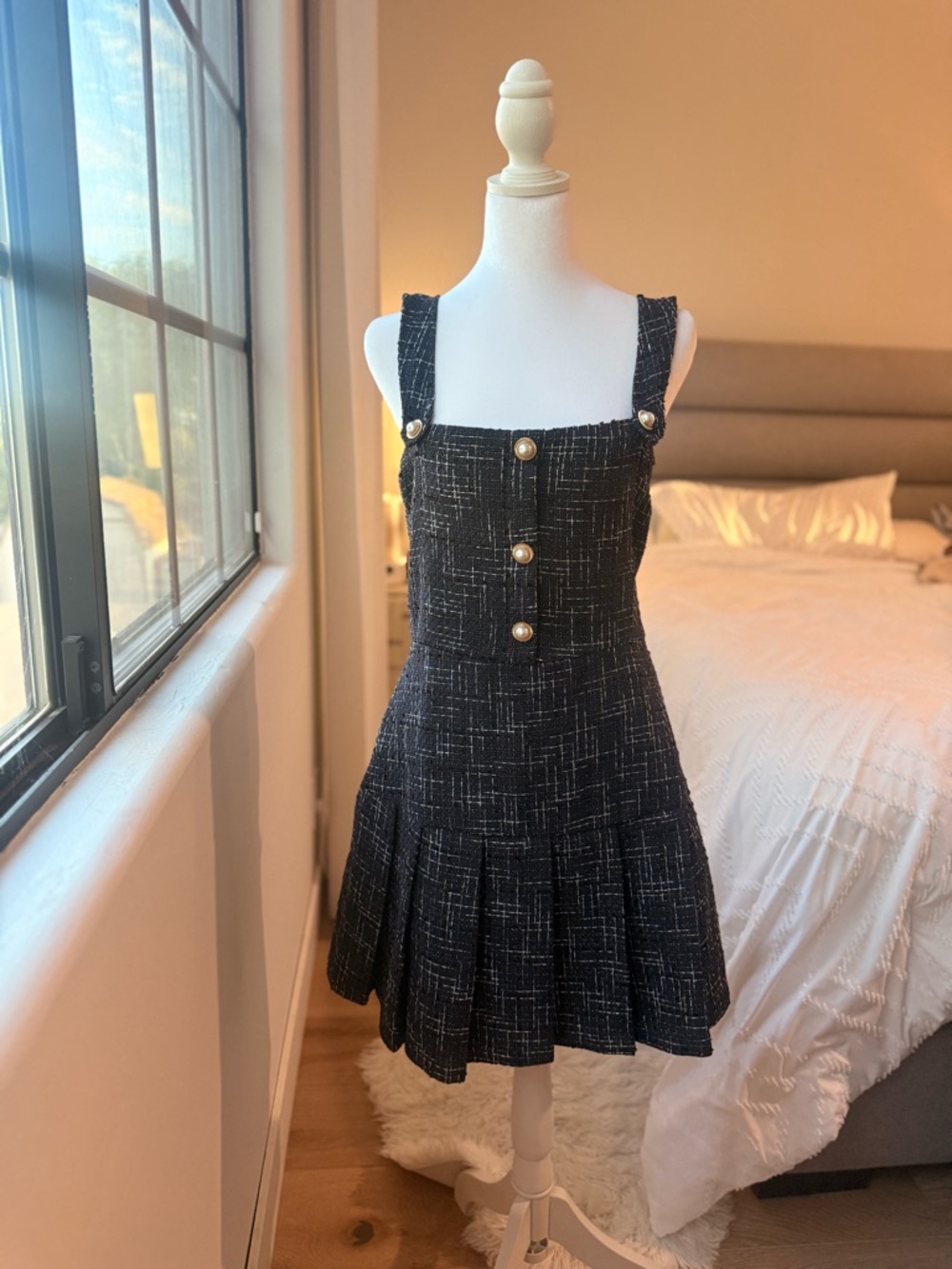 Francesca's Navy and White Tweed Pleated Mini Dress